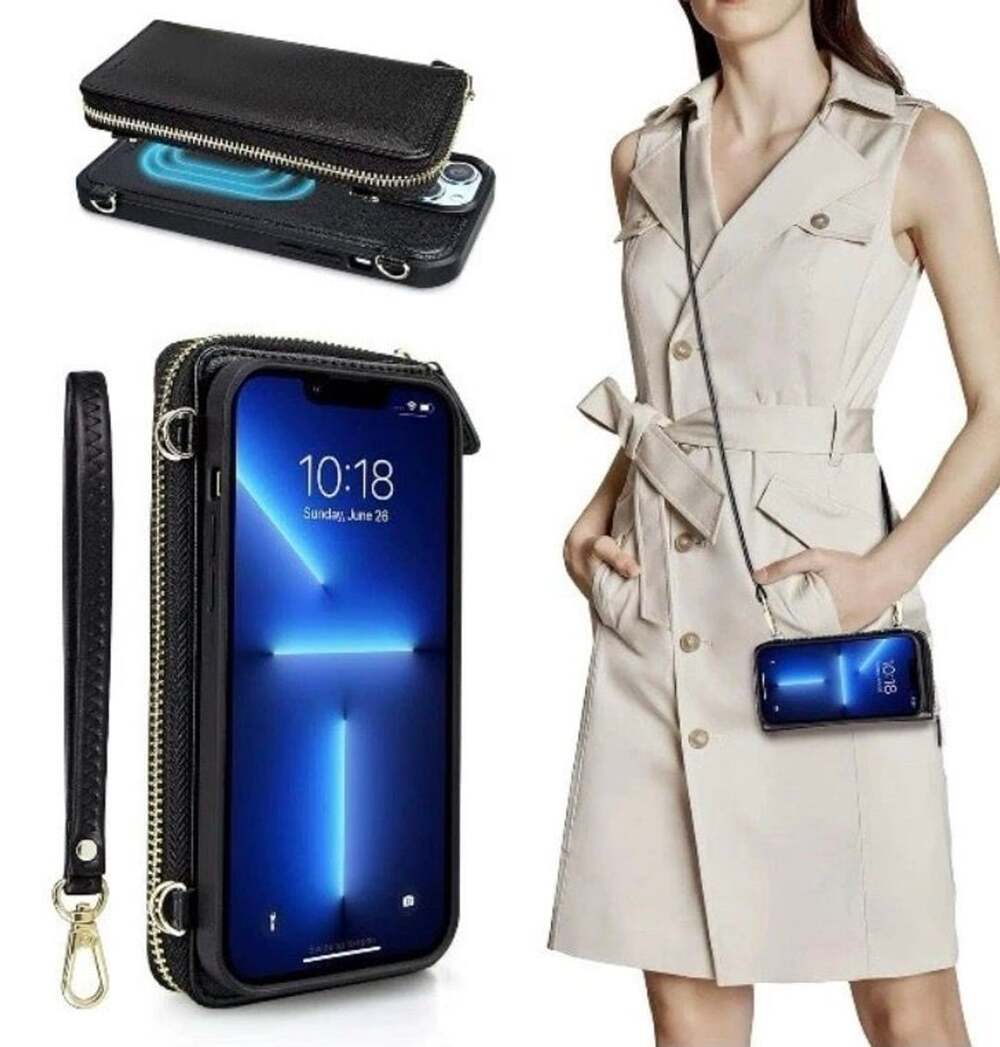 iPhone 13 Pro Max Leather Wallet Case with Crossbody Strap and Card Slots Black